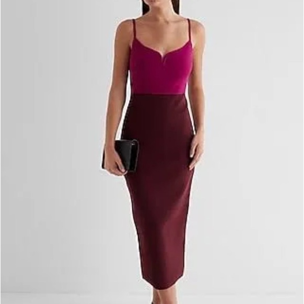 Express Wild Orchid Body Contour V-Wire Color Block Midi Sweater Dress NWT